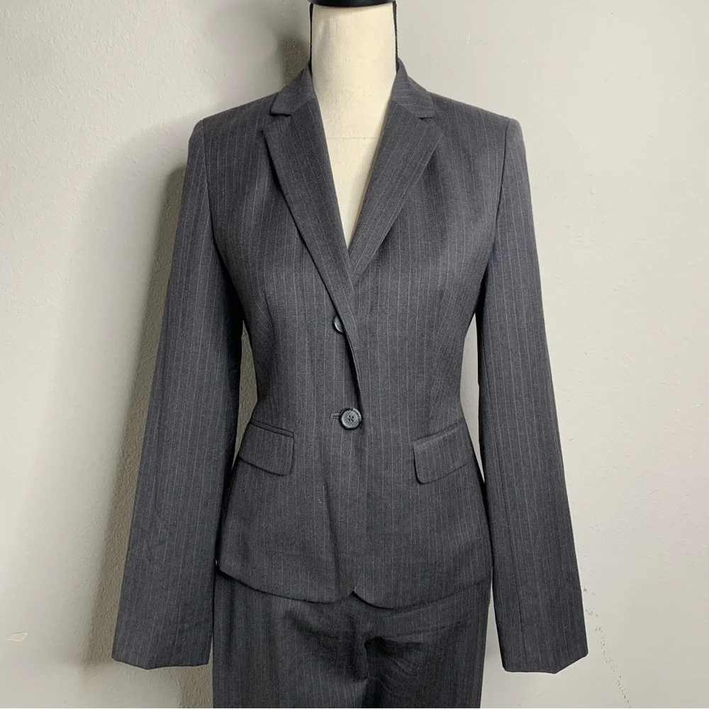 LOFT Gray & Light Blue Pinstripe Two Piece Pantsuit Set